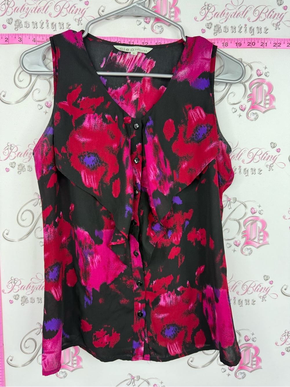 cleo tank top Black Sleeveless Ruffle Camisole with Fuchsia & Purple Floral